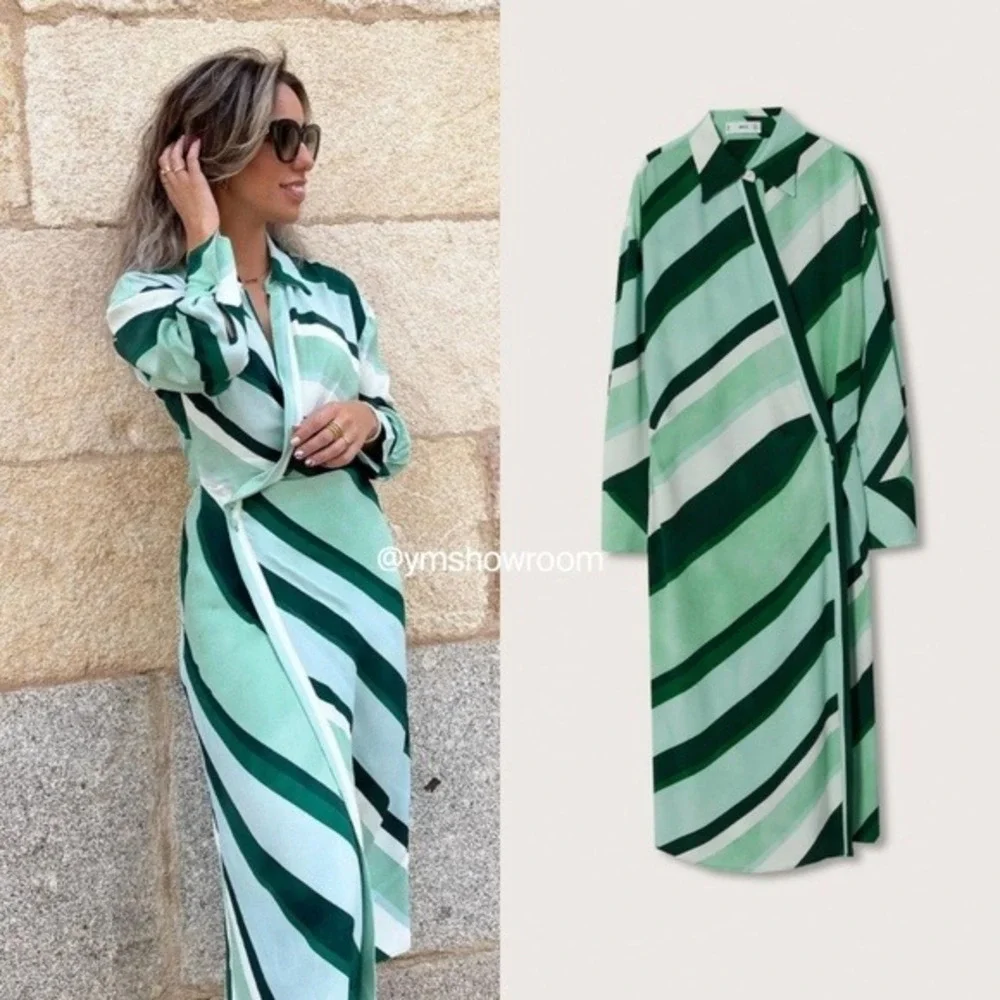 MNG Mango Womens Green Striped Wrap Midi Shirt Dress Long Sleeve‎ Size 6